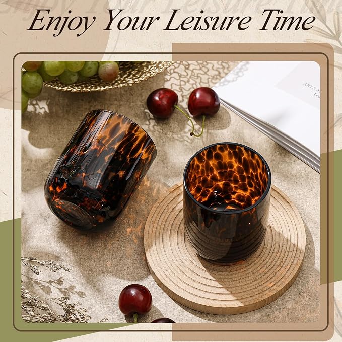 SiliFine Set of 2 Tortoise Shell Wine Glasses, 14oz Brown Decorative Tumbler Cups, Hand Blown Leopard Print Stemless Glassware for Home Decor, Ideal for Wedding Gifts, Housewarming, Cocktail Party