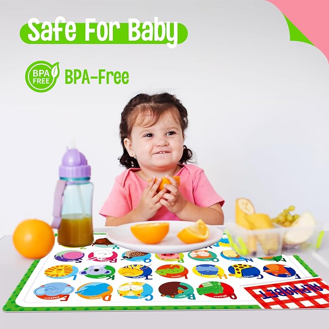 6 Pack Placemats for Kids, Non-Slip Washable, Reusable Alphabet, Number, Shape & Color, Universe, Map Themed Educational Placemats for Home, Kindergarten, Classroom, Nursery