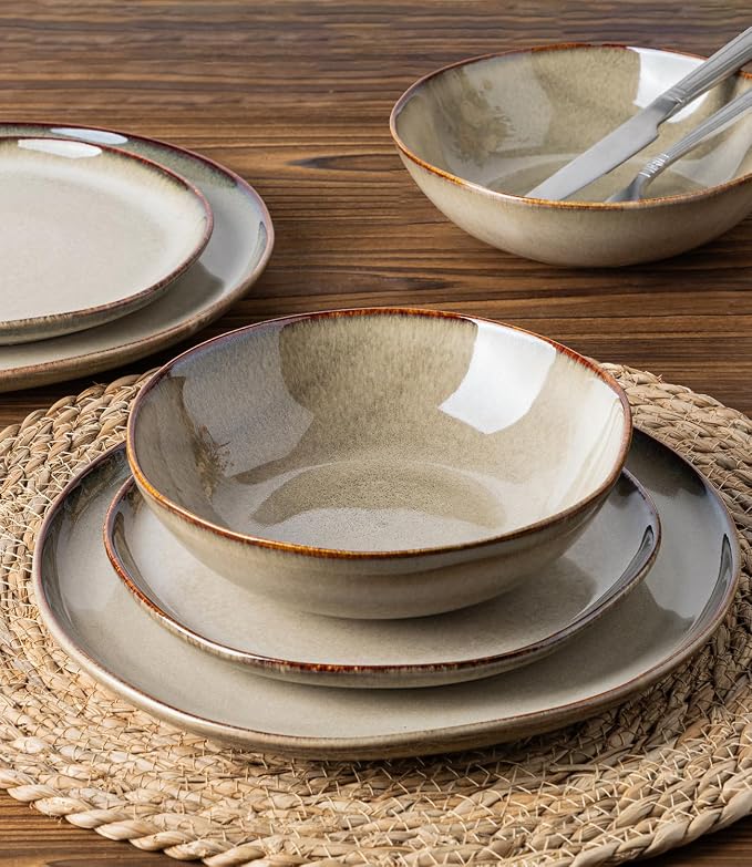 GBHOME Stoneware Dinnerware Sets for 4,12 Piece Rustic Plates and Bowls Set | Earthenware Handmade Reactive Glaze Plate Sets, Chip Resistant Ceramic Dishes, Microwave & Dishwasher Safe, Driftwood Taupe