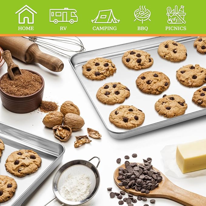 CEKEE Stainless Steel Baking Sheet Set of 4, Large Baking Pan & Cookie Sheet & Baking Tray for Oven, Half Sheet Pan, Size 18 x 13 x 1 inch, Heavy Duty & Mirror Finish & Easy Clean