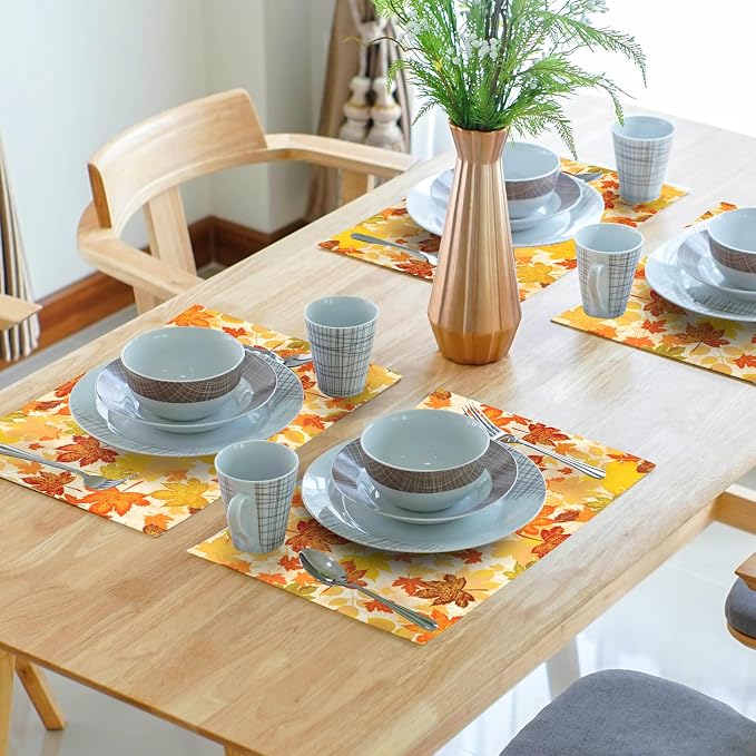 Fall Placemats Set of 6 18x12 Inch Autumn Maple Leaves Linen Place Mats Heat-Resistant Washable Wipeable Orange Season Holiday Table Mat for Party Kitchen Dining Room Dinner Table Decor