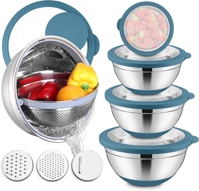 E-far Stainless Steel Mixing Bowls with Lids & Colander, 15PCS | Nesting Mixing Bowl with Non-Slip Bottom & 3 Metal Grater, For Kitchen Prep Baking Storage, 4.6, 3, 1.5, 1, 0.7QT, Blue