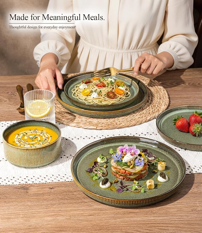 GBHOME Stoneware Dinnerware Sets for 4, 12-Piece Plates and Bowls Set | Handmade Reactive Glaze Ceramic Dish Set, Scratch Resistant, Dishwasher&Microwave Safe,Moss Green