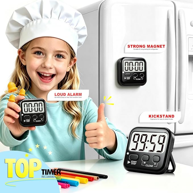 2 Pack Digital Timer for Kids Classroom Kitchen Timers for Cooking | w/ Battery, Easy to View, Alarm, Mute Mode, Count Down/Up, Magnetic, Kickstand, Hanging, Classroom Timer for Teacher Supplies