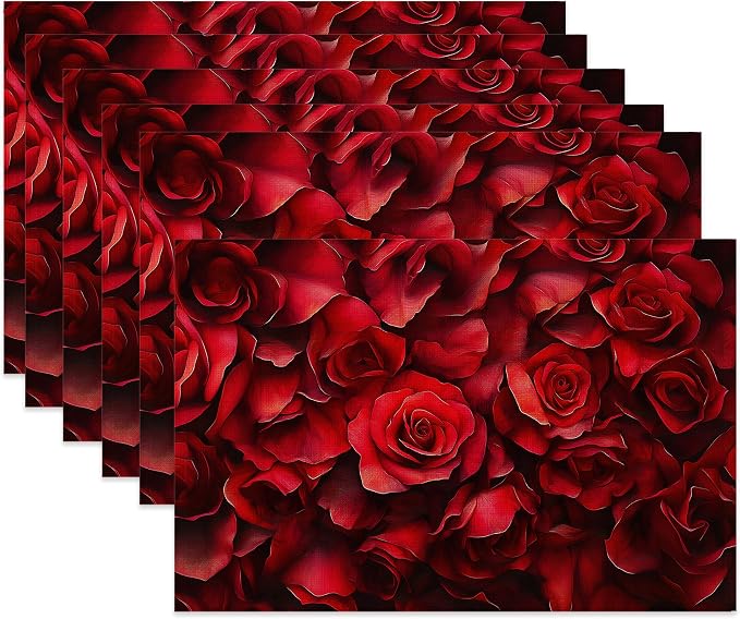 Red Rose Flower Fabric Placemats,Vintage Floral Table Placemats Set of 6 Cloth Place Mats, Washable Heat-Resistant Table Mats for Home Kitchen Dining Room Decoration 11.8x17.7 Inch