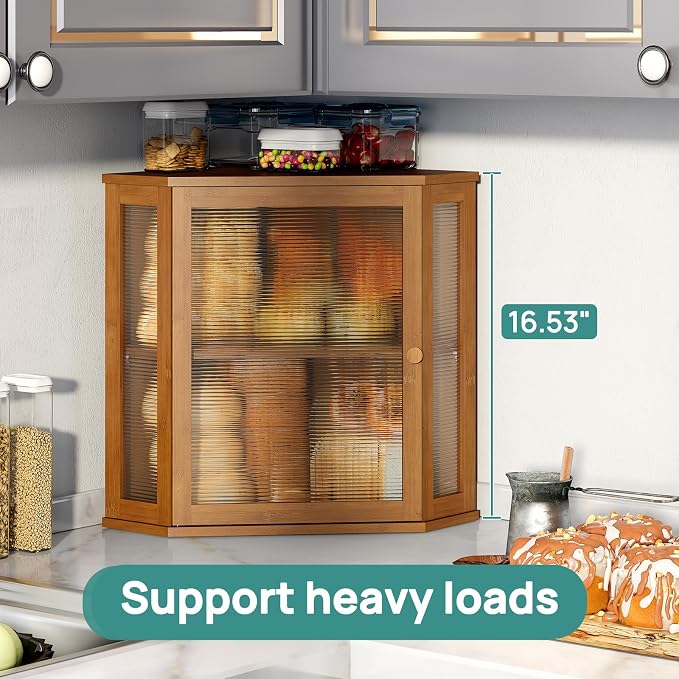viewcare Corner Bread Box for Kitchen Counter, Bamboo Wood Large Capacity Bread Storage Bin with Acrylic Wavy Door Panel (Brown, Extra Large)