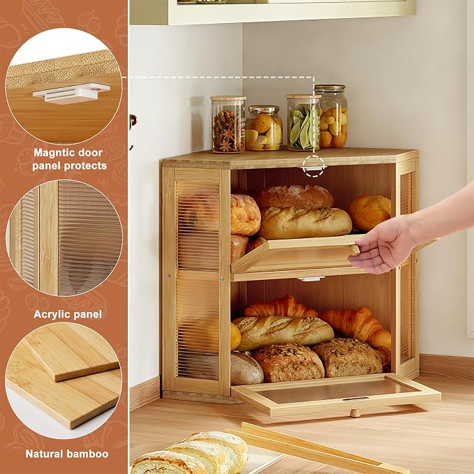 WOWLIVE Double Layer Corner Bread Box for Kitchen Countertop with 2 Doors | Bamboo Bread Storage Container, Large Farmhouse Breadbox with Acrylic Wavy Door, Under Cabinet Organizer, Natural, Medium