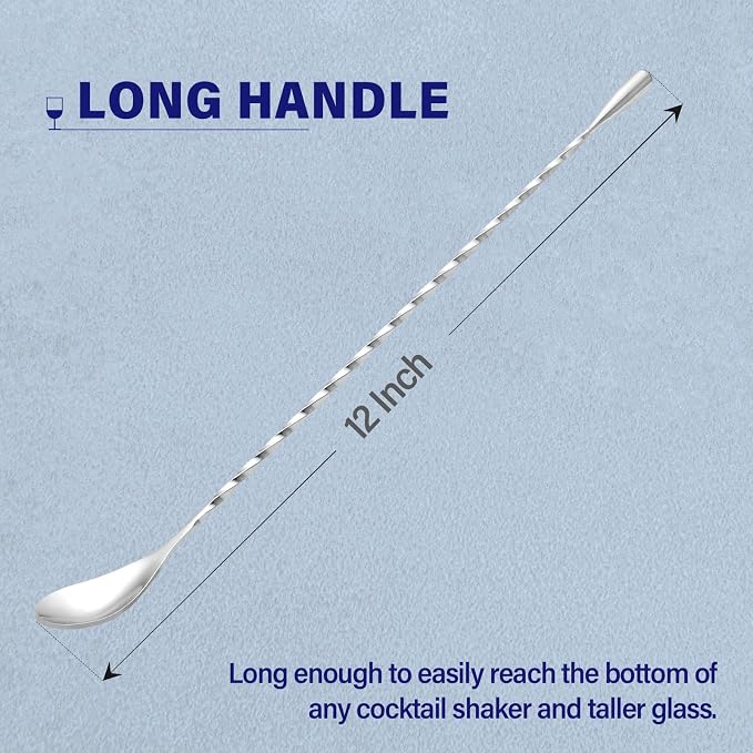 Bar Spoon Cocktail Mixing Stirrers, 6Pcs, 12” Long Handle, Silver | 18/8 Stainless Steel, Long Drink Spoons, for Stirring Coffee & Cocktails