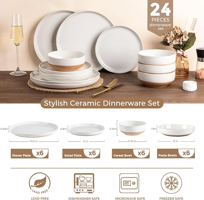 AmorArc Dinnerware Sets for 6, 24 Pieces Ceramic Plates and Bowls Set | Scratch Resistant Stoneware Dishes Set, Dishwasher & Microwave Safe, Light Beige
