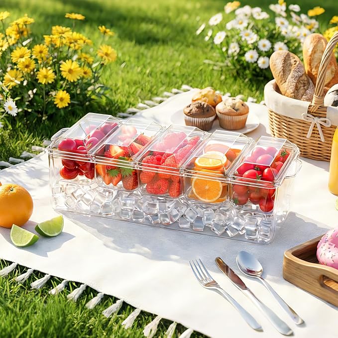 ARSTPEOE Condiment Tray, Chilled Condiment Server, Bar Accessories on Ice | Condiment Caddy for Home, Party and Celebration, Bar Accessories with Removable Trays and Lids (5 Spoons & 2 Tongs)