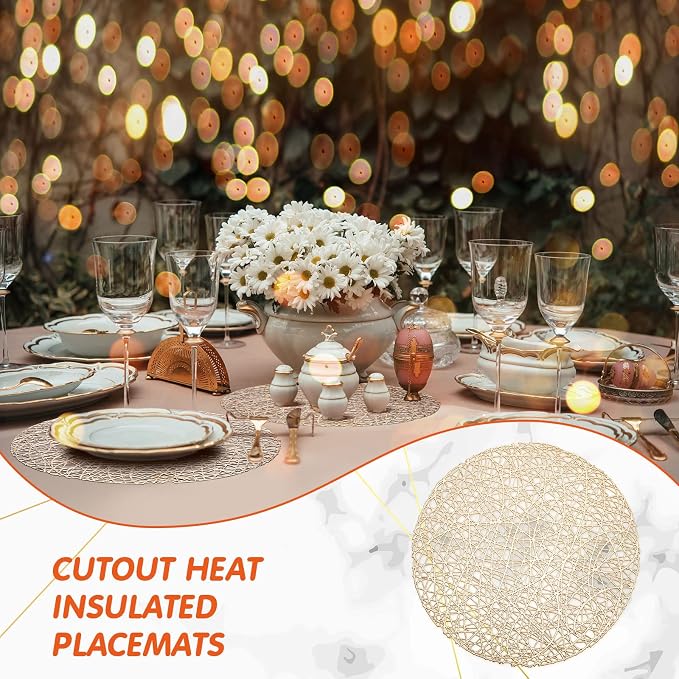 Sieral 12 Packs Round Placemats 15 Inch Hollow Out Pressed Vinyl,Gold | Heat Resistant Woven Texture, Easy Clean for Christmas Dinner Party, Wedding Holiday Centerpiece Dining Table Decor