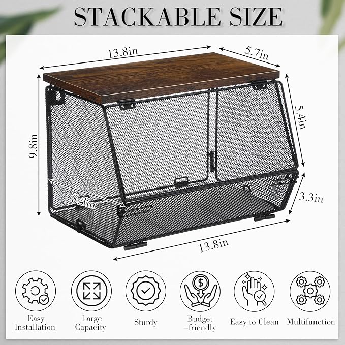 Teenyyou 2 Pcs Stackable Mesh Fruit Basket with Lid Wall Produce Vegetable Storage Basket Onion Potato Hanging Metal Wire Container for Kitchen Counter Pantry(Non-removable,Black,8.3" w & 13.8" l)