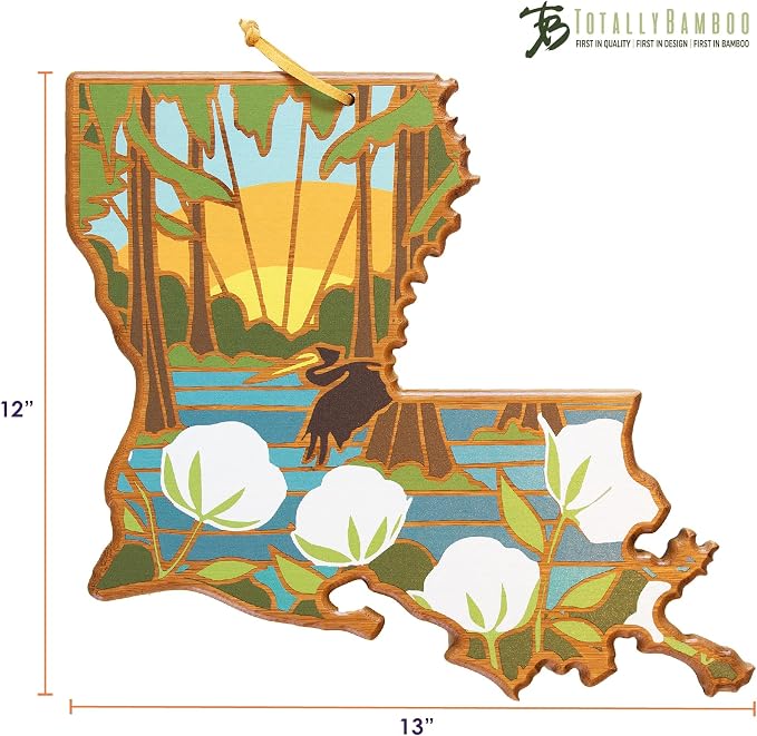 Totally Bamboo Louisiana State Shaped Cutting Board, Summer Stokes Art | State charcuterie board with colorful hand-drawn landscape art. Smooth reverse side for food prep. Hang tie for wall display.