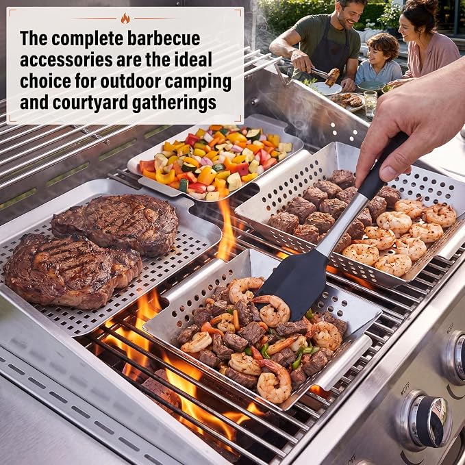4 Pack Grilling Accessories Outdoor Grill Topper Vegetables Grill Baskets for BBQ, Grilling Pans Trays Griller Baskets with Holes and Handles, Carbon Steel