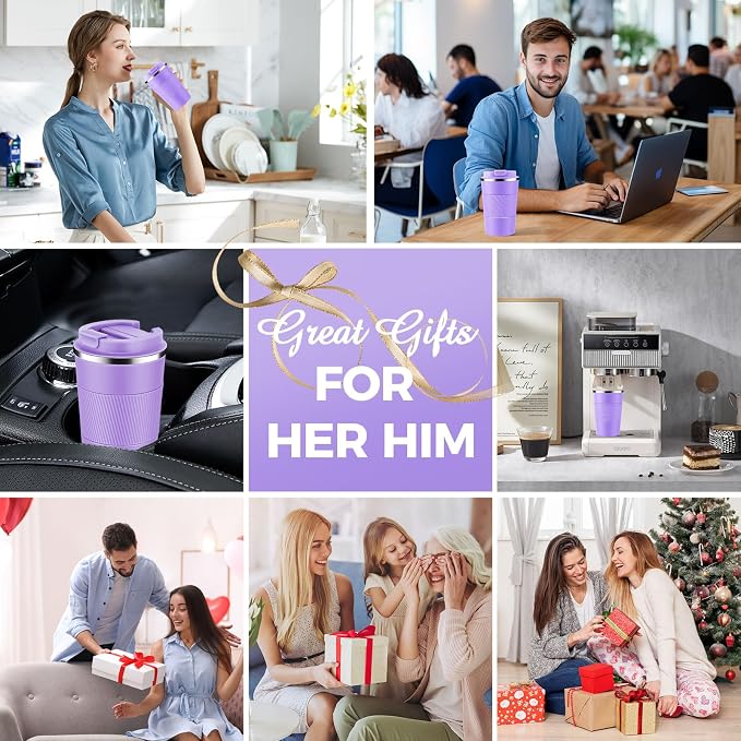 Volhoply 13 oz Stainless Steel Insulated Travel Coffee Mug with Fip Lid,Reusable Double Wall Vacuum Metal Coffee Cup,Portable to Go Leak Proof Cafe Thermal Tumbler for Hot & Cold Drinks(Purple,1)
