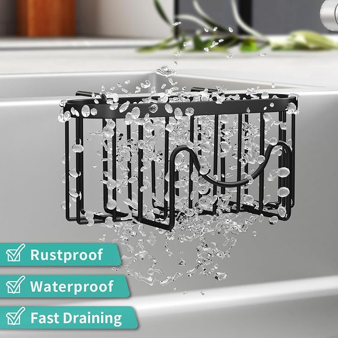 HapiRm Sponge Holder for Kitchen Sink - Rustproof Hanging Kitchen Caddy for Double-Bowl Sink, Center Divider width less than 1.5in- Black