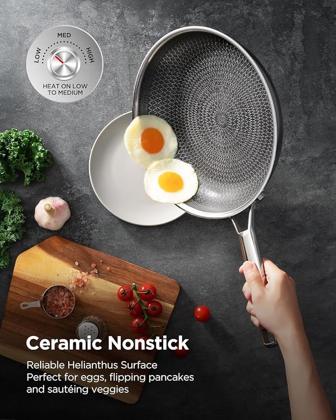 Nonstick Frying Pan Set, Non-Toxic Tri-Ply Hybrid Ceramic Skillet 3 Piece, 8, 10 & 12 Inch Stainless Steel Pans, PFAS/PFOA/PTFE Free, Metal Utensil Safe, Dishwasher & Oven Safe, Upgraded Version