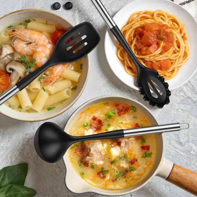 12PCS Silicone Kitchen Utensil Set, Stainless Steel Handled Cooking Tools | Spatula Turner Spoon Ladle Set | BPA Free | Heat Resistant & Non-Scratch for Nonstick Cookware | Dishwasher Safe | Black