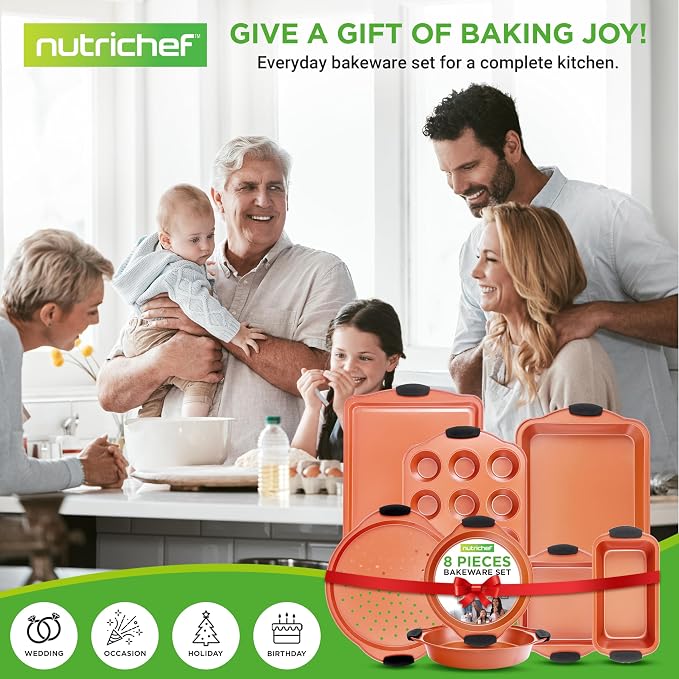 NutriChef 8 Piece Baking Pans Set - Nonstick Carbon Steel Bakeware Set w/ Silicone Heat-Safe Handles - Includes Loaf Pan, Muffin Pan, Cookie Sheets, Pizza Crisper, Roasting Pans - Rose Gold