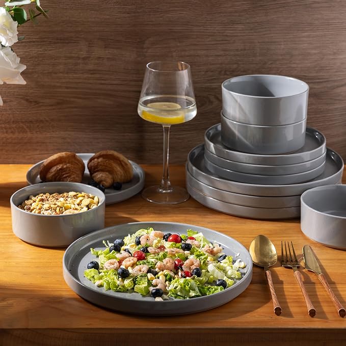AmorArc Stoneware Dinnerware Sets for 8,24Pcs Plates and Bowls Set | Handmade Ceramic Dish Set,Dishwasher & Microwave Safe,Scratch Resistant-Gray