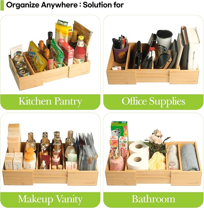 Expandable Bamboo Kitchen Cabinet Organizer for Food Container Lids Holder | Adjustable drawer organizer with 3 dividers for food container lids, bamboo lid organizer for kitchen cabinet lid storage