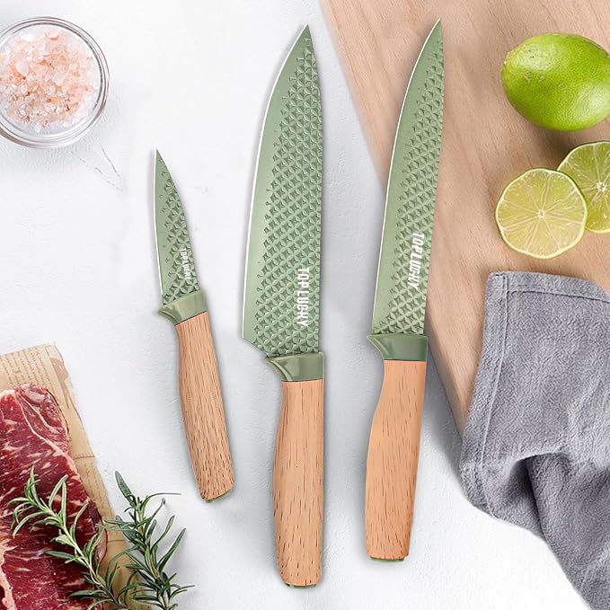 Kitchen Knife Set, Retrosohoo 6-Pieces Green Sharp Knife Set for Kitchen, Non-stick Non-slip Stainless Steel Chef Knife Set with Universal Knife Block Suitable for Home Restaurant (Green)