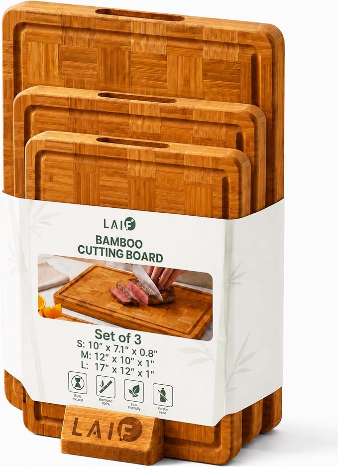 Wood Cutting Boards for Kitchen with Juice Groove, Eco-Friendly Wooden Bamboo Chopping board, Food-Safe, Non Plastic Tabla Para, Carbonized Butcher Block for Meat, Veggies Fruits, 3-Set