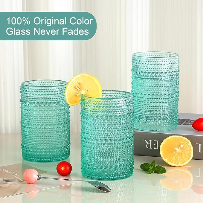 ZMOWIPDL Drinking Glasses Set of 6,15 oz Lake Blue Hobnail Glass Cups | Vintage Glassware，Embossed Water Tumbler,for Beer,Cocktail,Whiskey,Juice and Various Mixed Drinks- 1 Cleaning Brush