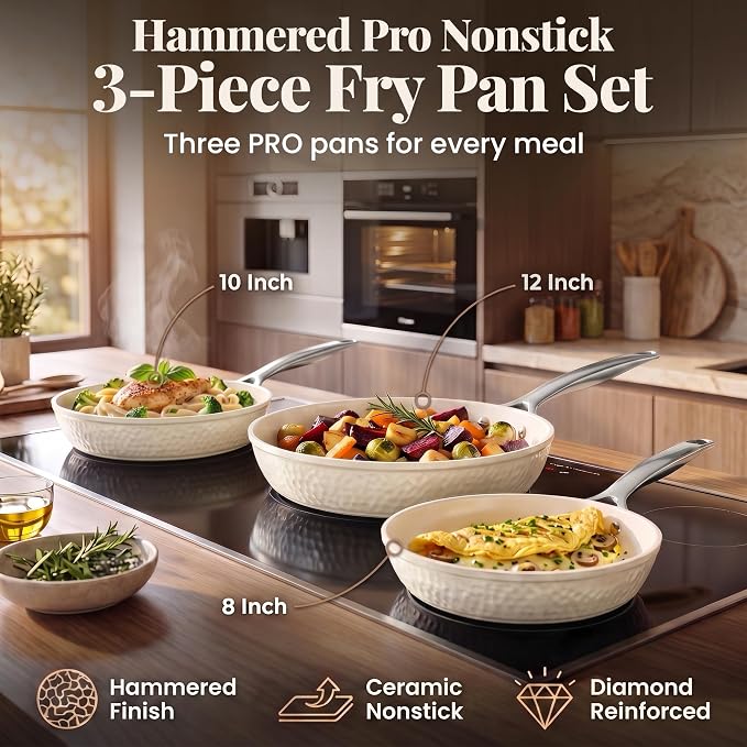 GOTHAM STEEL Hammered 3 Pc Nonstick Frying Pans Set, Navy Gold | 8, 10, 12" Fry Pans, Heavy Duty 3.0MM Gauge, Non Toxic PFOA/PFOS/PTFE Free, Induction Compatible, Oven & Dishwasher Safe