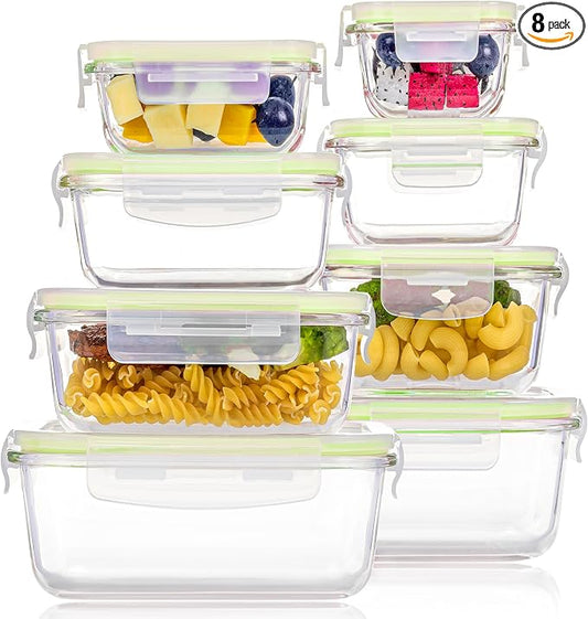 Vtopmart 8 Pack Glass Food Storage Containers with Airtight Lids | Meal Prep Lunch Containers, Leakproof, Leftover Storage, Take-out, Microwave, Oven, Freezer and Dishwasher Safe, BPA Free