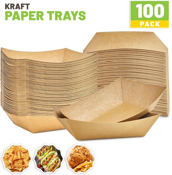 ZORRITA Paper Food Trays, 3 Lb, 100 Pack | Disposable, Kraft Paper, Nacho Trays, Food Boats, Taco Holders, Party Serving Baskets, For Hot Dogs Snacks Tacos Fries