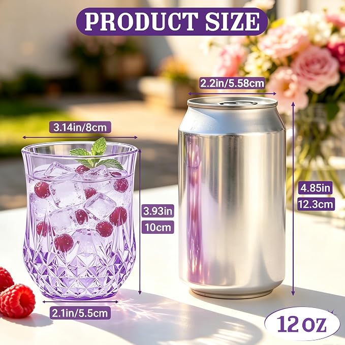 24 Pack 12 Oz Plastic Stemless Wine Glasses, Purple | Unbreakable, Reusable, Elegant Vintage Design, Fancy Cocktail Cups, Whiskey, Champagne, Wedding, Party, Bars, Holiday Events