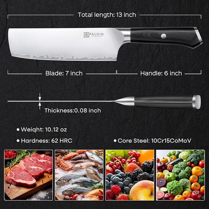 PAUDIN Nakiri Knife 7 Inch,Multi-Layer High Carbon Steel Kitchen Knife 62 HRC, Ultra Sharp Vegetable Chopping Cleaver and Meat Slicing Asian Chef Knife for Home Cooks, Gift Box for Women and Men