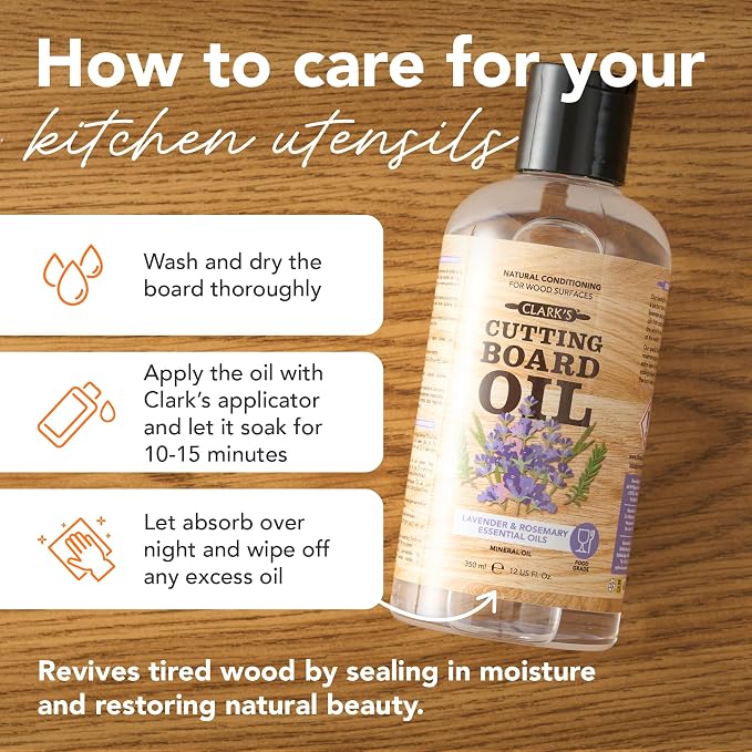 CLARK's Cutting Board Oil 12 oz, Food Grade Mineral Oil with Lavender Scent | Mineral Oil for Wood Cutting Boards, Butcher Blocks, Utensils, Lubricant for Knives. Soak for 2-3 Hours for Optimal Finish