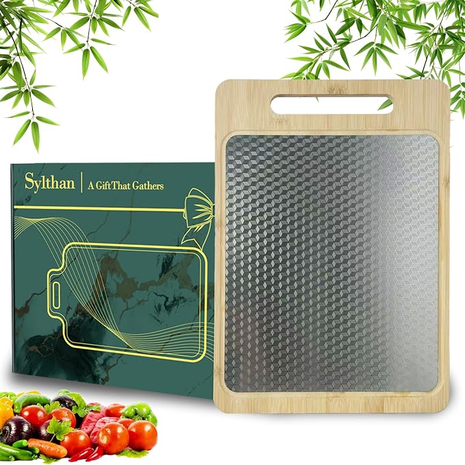 Double Sided Bamboo & Stainless Steel Cutting Board, 15"×11" Large | Juice Groove, Handle, Non Toxic, Charcuterie Board,Ideal Gift for Kitchen,Easy Care,resists scratches and odors,camping use