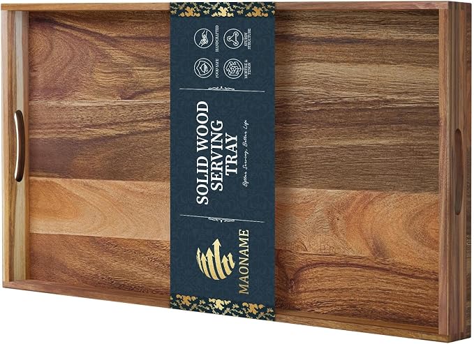 Extra Large Ottoman Tray, 32 x 18 inches Acacia Wood Serving Tray | Rectangle Wooden Decorative Tray with Handles, Oversized Coffee Table Tray, Serving Platter Tray for Living Room, Charcuterie