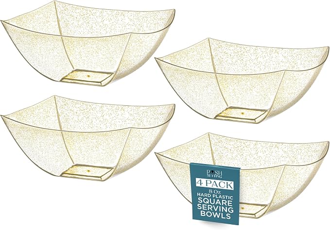 4 Pack Disposable Gold Plastic Serving Bowls Square Party Candy Use 8oz | Square Design. Disposable Party Tableware. Salad, Fruit & Candy Use. Candy Buffet Containers. Gold Plastic.