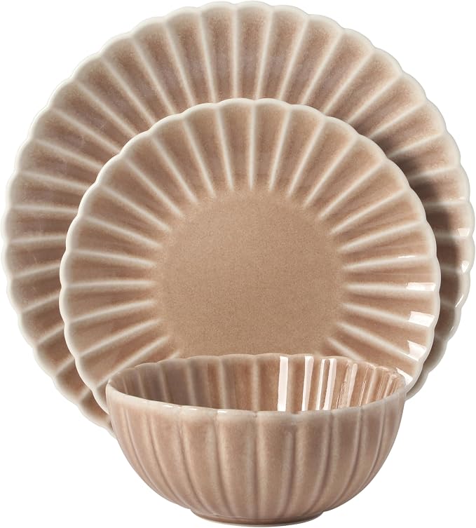 Gibson Elite Peach Orchard 12-Piece New Bone China Dinnerware Set Service for 4, Embossed Fluted Plates and Bowls, Dishwasher and Microwave Safe, Mauve Rose