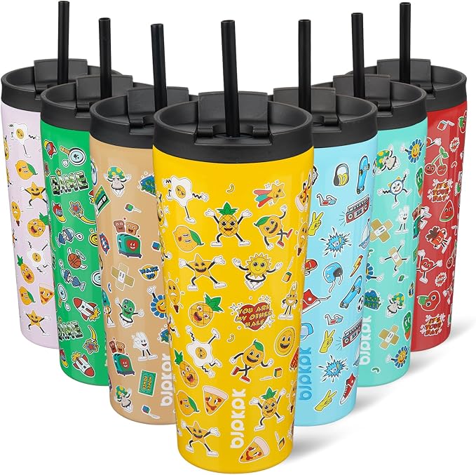 BJPKPK 22 oz Coffee Tumbler with Straw, Insulated Stainless Steel Cup | Double Wall Vacuum, Leak Proof Lid, Keeps Hot/Cold/Iced, BPA Free, Cupholder Friendly, Travel, Hawaii Fruits-Yellow