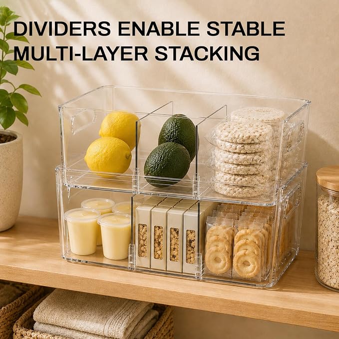 Mpotmiy 10-Pack Pantry Organizers and Storage, Clear Fridge Organizer Bins | Clear stackable plastic bins with removable dividers for packets, snacks, pouches and spices in pantry, fridge or freezer.