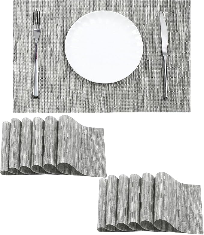 Leetaltree Silver Placemats Set of 12 - Heat Resistant Non-Slip Place mats for Dining Table, Washable Durable PVC Vinyl Woven Table Mats（Sliver, 12）