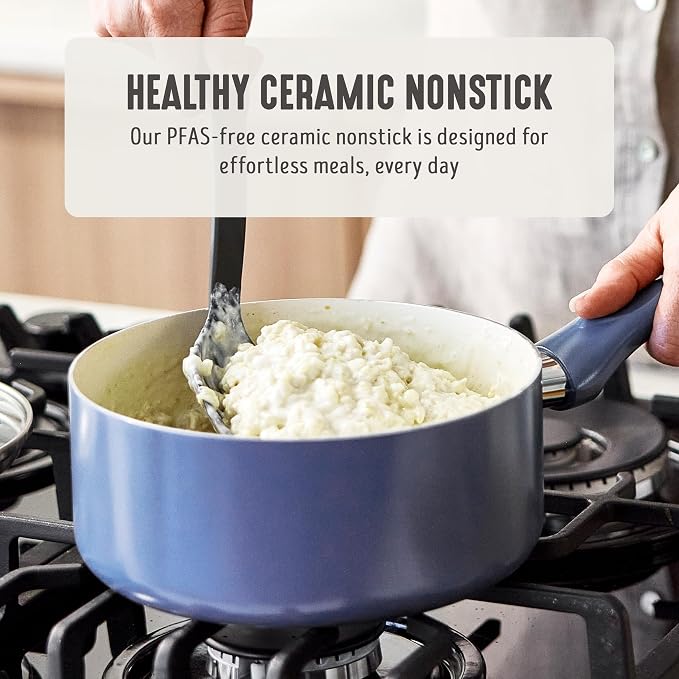GreenLife 2QT Ceramic Nonstick Saucepan with Lid, Slate Blue | PFAS-Free Ceramic Nonstick Coating, Soup Pot, Induction Ready, All Stovetop Compatible, Stay-Cool Handles, Dishwasher Safe