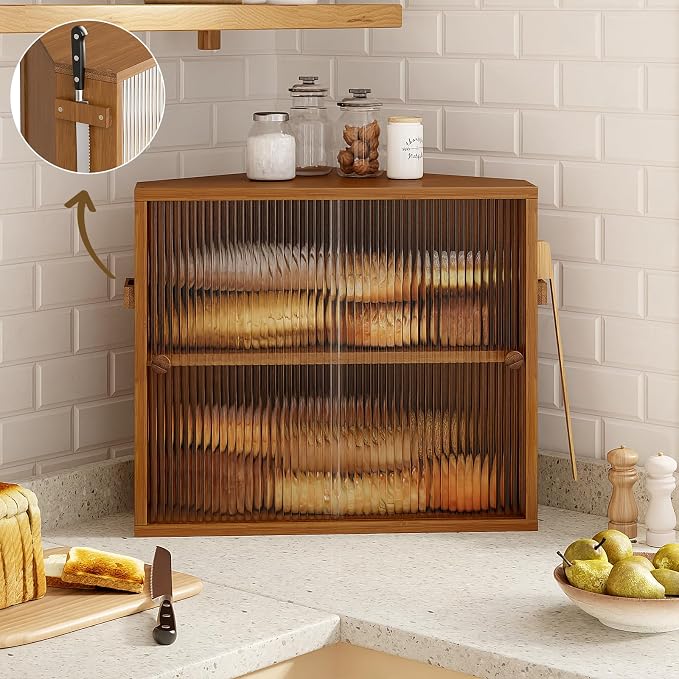 Corner Bread Box with Sliding Acrylic Doors, Double Layer Bread Bin | Bread Box for Kitchen Countertop, Bamboo Bread Storage Container, Large Capacity Vintage Farmhouse, Caramel, Meduim