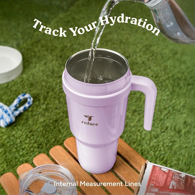 REDUCE 40 oz Stainless Steel Tumbler with Handle - Dual-Wall Vacuum Insulated Travel Mug, Sweat-Proof Lid & Reusable Straw - Keeps Drinks Cold for 24 Hrs, Fits Cupholders, Dishwasher Safe - Lilac Bud