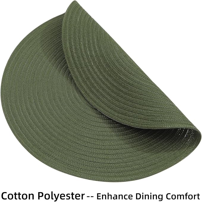 SHACOS Round Placemats Set of 4 Washable 15 inch Round Table Mats Cotton Polyester Woven Braided Place Mats for Dining Table Wedding Party Decor (Olive Green, 4)