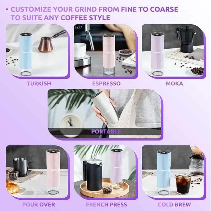 Portable Electric Coffee Grinder, Rechargeable Handheld Grinder with Stainless Steel Conical Burr, Adjustable Grind Settings, for Espresso, Moka, Pour Over, French Press, Cold Brew, Blushy