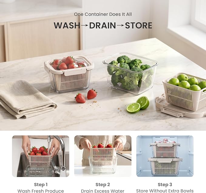 2 Pack Large Glass Produce Containers for Fridge with Colanders | 142oz Borosilicate Glass Produce Containers, Airtight Food Storage with 81 oz Glass Lid & 61 oz Silicone Lid, BPA Free