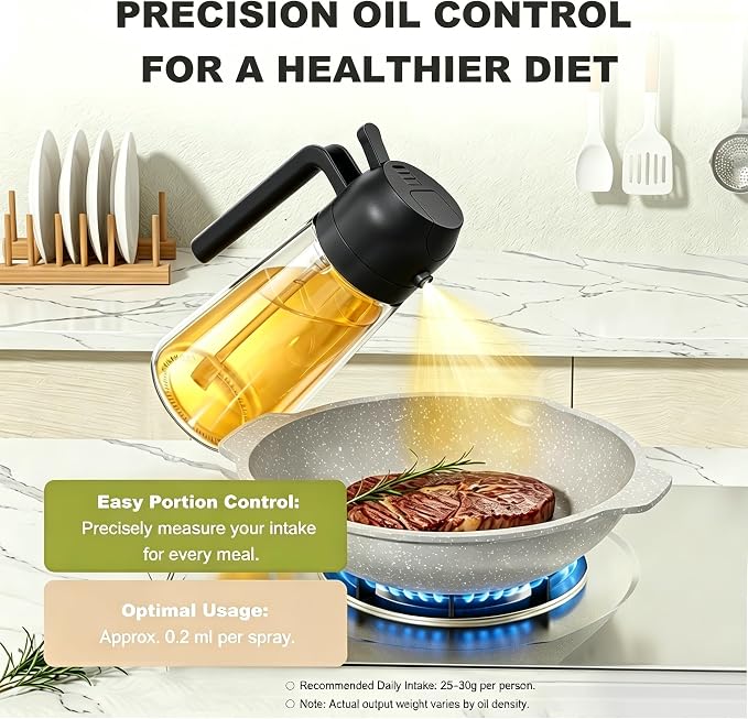 Pure Future 2-in-1 Olive Oil Sprayer for Cooking - 16oz/470ml Glass Oil Dispenser Bottle with Portion Control, Refillable Mister for Air Fryer, BBQ, Salad, Grilling, Food-Grade & BPA-Free (Black)
