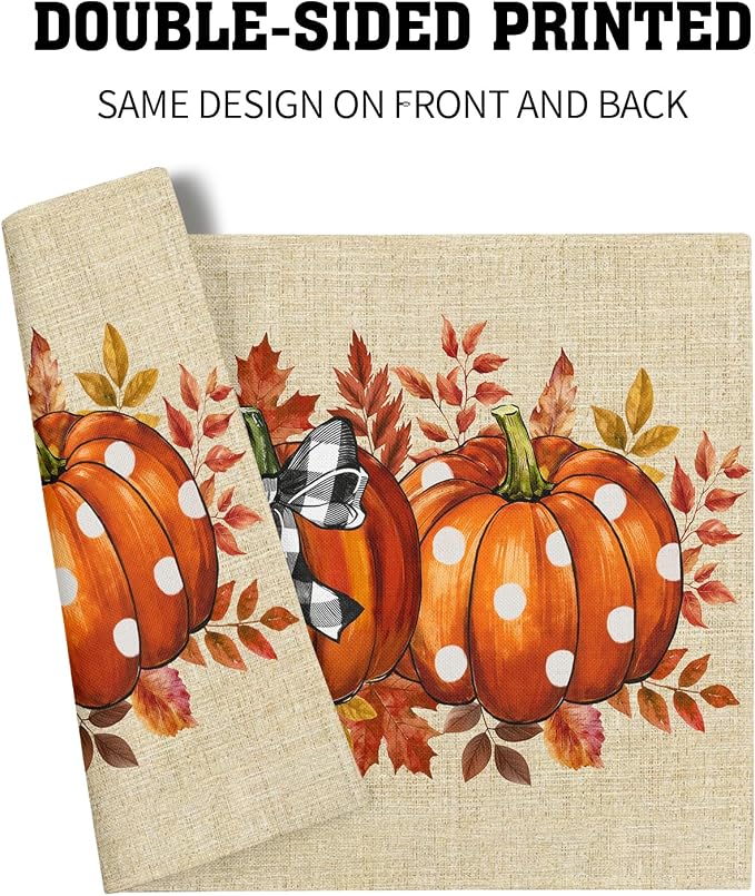 Fall Pumpkins Placemats Set of 4 18x12 Inch Autumn Thankful Linen Place Mats Heat-Resistant Washable Wipeable Thanksgiving Season Holiday Table Mat for Party Kitchen Dining Room Dinner Table Decor
