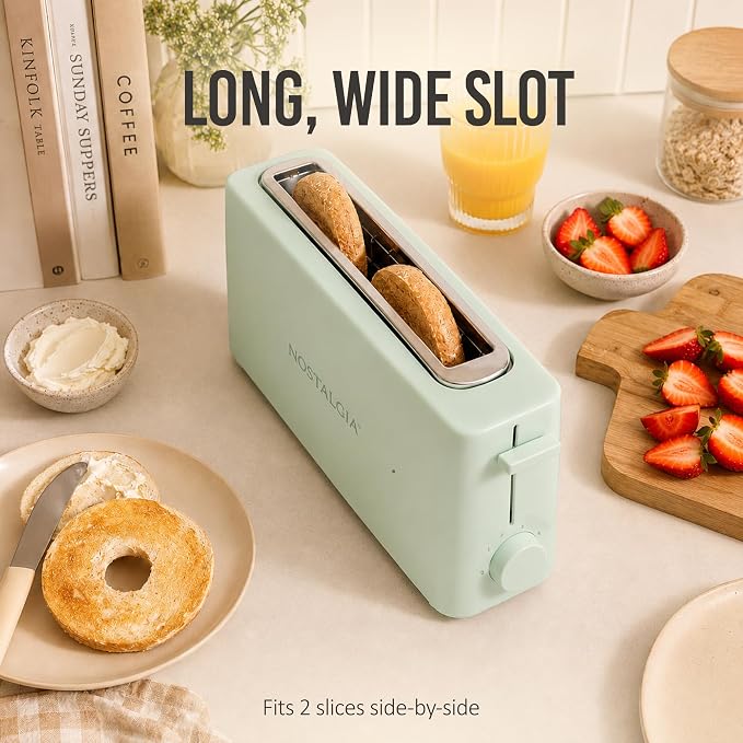 Nostalgia Slim 2-Slice Toaster – Wide Slot – Space-Saving Design – Adjustable Browning Dial – 10-inch Long Slot Fits 2 Slices of Bread or Bagel Halves – Drop-down Crumb Tray – Sage